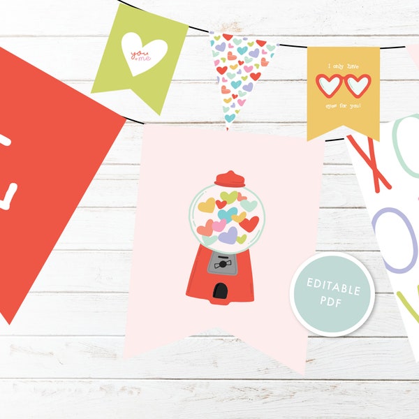 Be Mine Editable Banner, Valentine's Day Gumball DIY Bunting Banner Template, Sweet Heart Pennant Printable Bunting Garland Instant Download