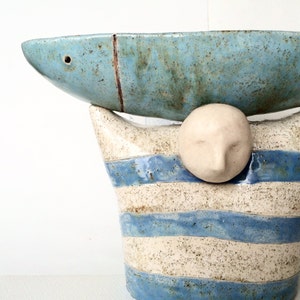 Ceramic bowl, Decorative bowl, Ceramic sculpture, Sculpture, Fish, Fishe rman, White, Blue image 2
