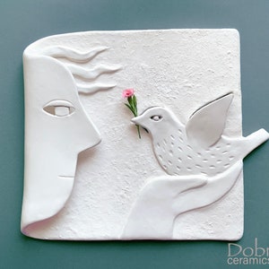 Ceramic panel, Wall decor, Bird, Spring, Ceramic , White, Ready to ship