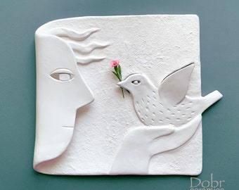 Ceramic panel, Wall decor, Bird, Spring, Ceramic , White, Ready to ship