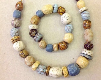 Porcelain necklace and braclet/ceramic beads/blue/brown/ white/sienna/ jewelry/made to order