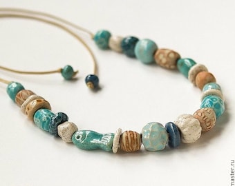 Porcelain necklace/ceramic necklace/ceramic beads/beige/blue/white /turquoise / jewellery/made to order/sea/fish