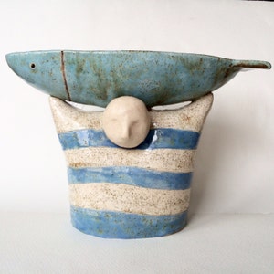 Ceramic bowl, Decorative bowl, Ceramic sculpture, Sculpture, Fish, Fishe rman, White, Blue image 1