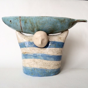 Ceramic bowl, Decorative bowl, Ceramic sculpture, Sculpture, Fish, Fishe rman, White, Blue