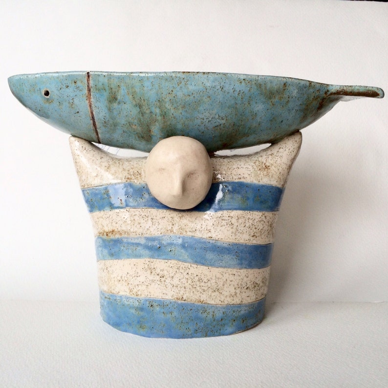 Ceramic bowl, Decorative bowl, Ceramic sculpture, Sculpture, Fish, Fishe rman, White, Blue image 1