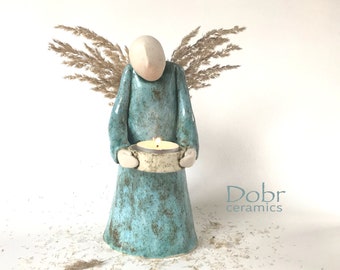 Ceramics, Angel, Blue, Candle holder, Made to order
