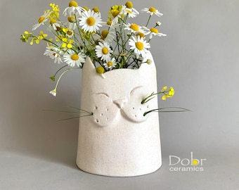 Happy Cat, Ceramics, Ceramic vase, Cat, Pottery vase, White,  Happy cat,  Make to order