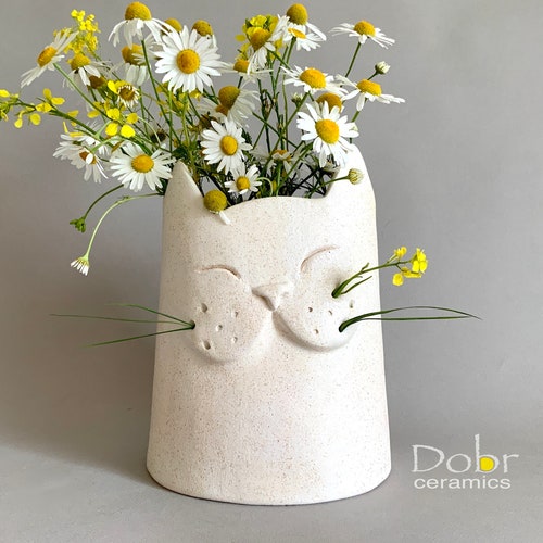 Céramique, Vase en céramique, Chat, Vase en poterie, Blanc, Chat drôle, Fabrication sur commande