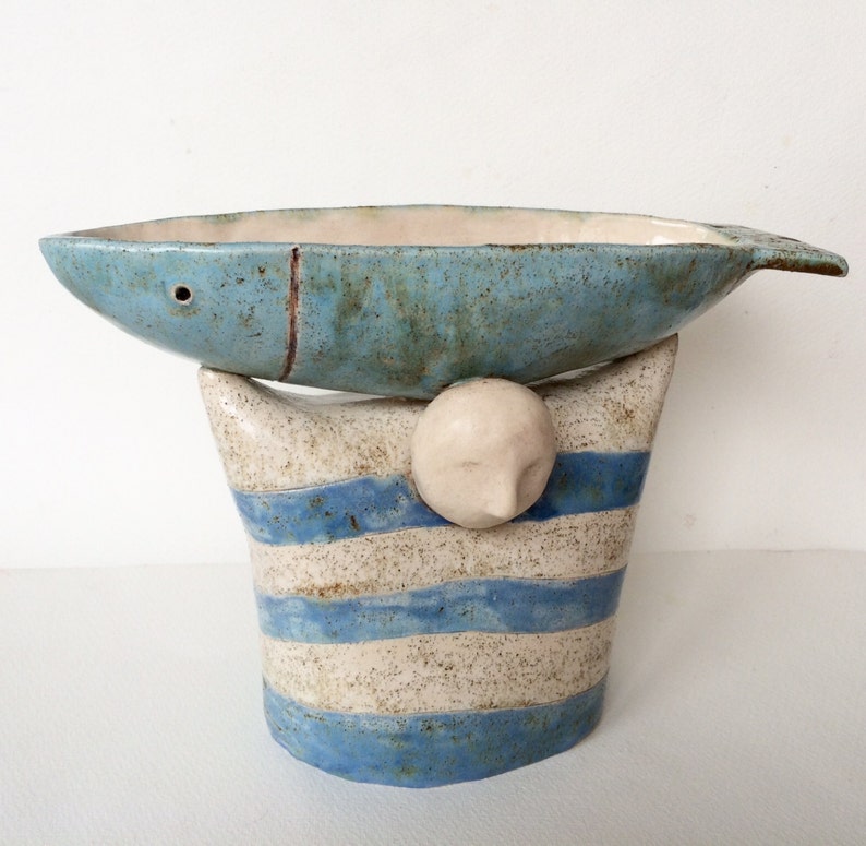 Ceramic bowl, Decorative bowl, Ceramic sculpture, Sculpture, Fish, Fishe rman, White, Blue image 3