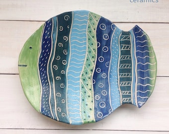 Ceramic plate, Decorative plate, Fish, wall decor, Blue, Green,  Made to order