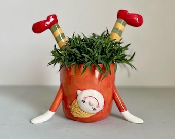 Planter Pot, Ceramic Planter, Ceramic Pot,  Funny Girl, Orange  , Yellow,  Green,  Made to order