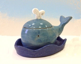 Ceramic  blue whale box , Made to order,Trinket box, Ceramic jewelry box, Ceramic box for food, Whale, Ocean, Seastyle, Blue, White