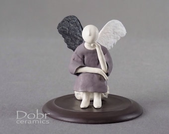 Ceramic statuette , Clay sculpture,  Figure, Angel, Blac k, White