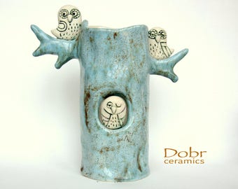 Ceramic vase / Owl/ Owl  ceramic  vase/Blue/Made to order