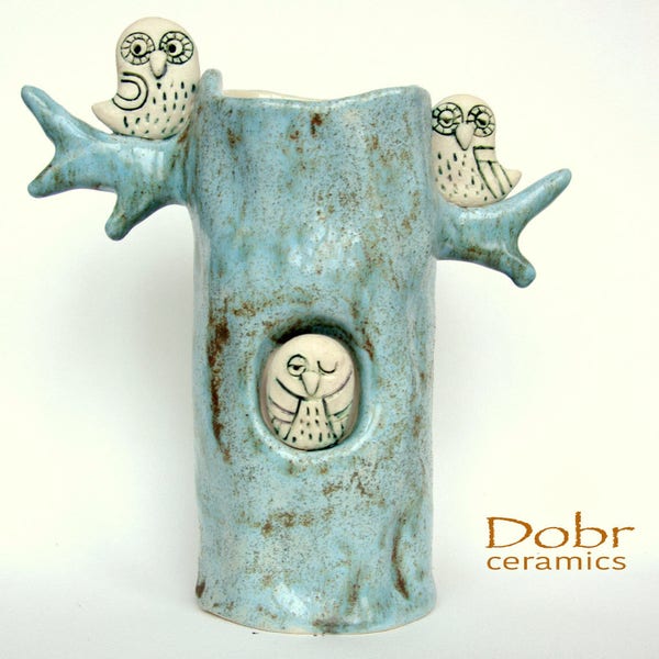 Ceramic vase / Owl/ Owl  ceramic  vase/Blue/Made to order