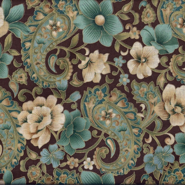 Paisley Floral Curtain Valance Brown Teal Cream Gold Glitter