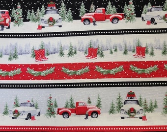 Blank Quilting Giddy Up Santa Red Truck On Plaid fabric last piece 32 inches