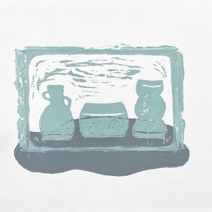 May include: A blue and gray print of three ceramic vessels in a frame. The vessels are a tall, narrow jar, a wide, squat jar, and a round, short jar.