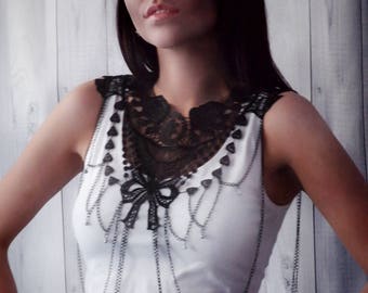 Lace Bow Collar Body Chain . Black Boho Tassel Body Jewelry . Collar Necklace .  Gift for Her .