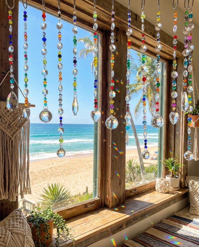 Glass Rainbow Suncatcher Curtain, Handmade Boho Window Decor, Prism Light Catcher for Sunlit Rooms, Colorful Crystal Hanging immagine 3