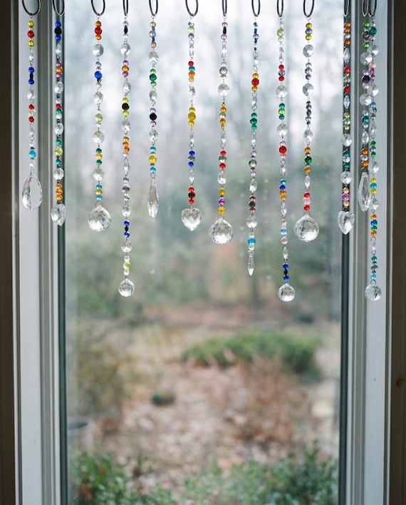 Glass Rainbow Suncatcher Curtain, Handmade Boho Window Decor, Prism Light Catcher for Sunlit Rooms, Colorful Crystal Hanging