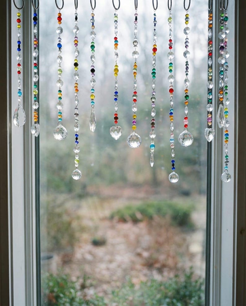 Glass Rainbow Suncatcher Curtain, Handmade Boho Window Decor, Prism Light Catcher for Sunlit Rooms, Colorful Crystal Hanging immagine 1