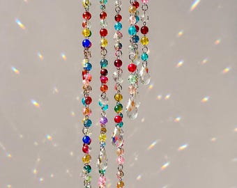 Beaded Crystal Suncatcher, Rainbow Window Hanging, Glass Bead Mobile, Boho Home Decor, One of a Kind Gift
