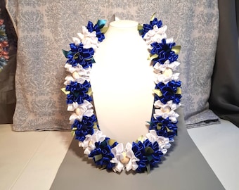 Handmade Lei Satin Ribbon Flower Lei Royal Blue, White Graduation Gift Celebration Lei Handmade