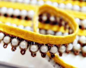 Perle perle or jaune dentelle Sari Border garniture pompon, approvisionnement d’or jaune mariage garniture de ceinture, pompon en perles garniture, garniture de bordure, bordure dorée - AN0018