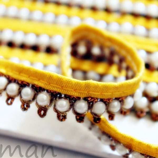 Perle perle or jaune dentelle Sari Border garniture pompon, approvisionnement d’or jaune mariage garniture de ceinture, pompon en perles garniture, garniture de bordure, bordure dorée - AN0018