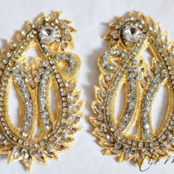 2 pcs Gold Cream Rhinestone Bead Applique, Paisley Applique, Belt Applique, Beaded patch, Bridal Applique, Gold rhinestone applique 4" x 3"