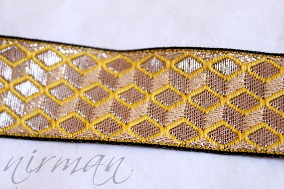 Golden Brocade Jacquard Ribbon Trim Gold Metallic Woven Border Jacquard  sewing Craft Trim By 9 Yard Sari Border 3 Cm Wide LMZIGZAG-01