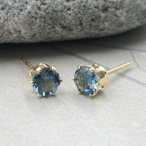 Natural London Blue Topaz Pair Stud Earrings in 14k Gold Filled or 925 Solid Sterling Silver, Natural Gemstone Earrings, December Birthstone