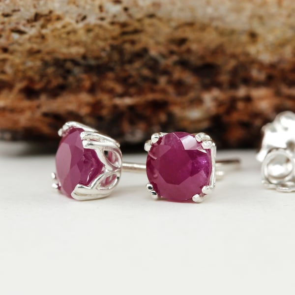 Genuine Natural Ruby 4mm, 5mm or 6mm Stud Earrings in Solid 925 Sterling Silver, Natural Ruby Gemstone Earrings, July Birthstone, Ruby Studs