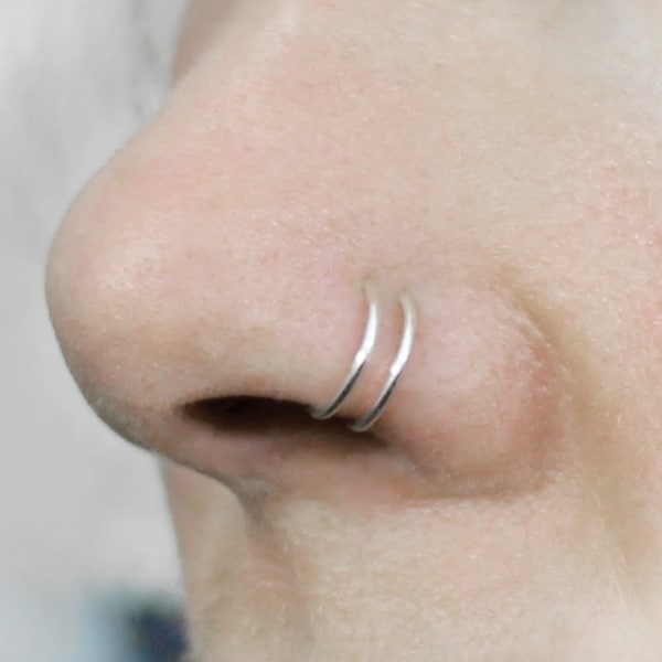 Fake Double Nose ring, 16, 18, 19, 20, 21 Gauge Sterling Silver, Fake nose ring, fake piercing, Silver nose ring