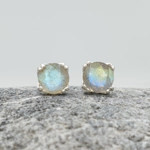 Natural Labradorite Stud Earrings Pair 5mm in Solid 925 Sterling Silver, November Birthstone, Blue Gemstone Studs, Labradorite Tulip Studs