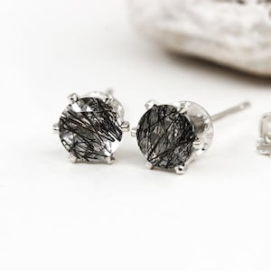 Natural Black Tourmalinated Quartz 5mm Stud Earrings, 925 Sterling Silver Studs, Black Rutilated quartz, Rutile Quartz, Gemstone earrings