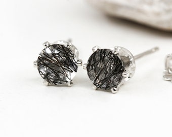 Black Tourmalinated Quartz Stud Earrings: 925 Sterling Silver, 5mm, Rutile Quartz