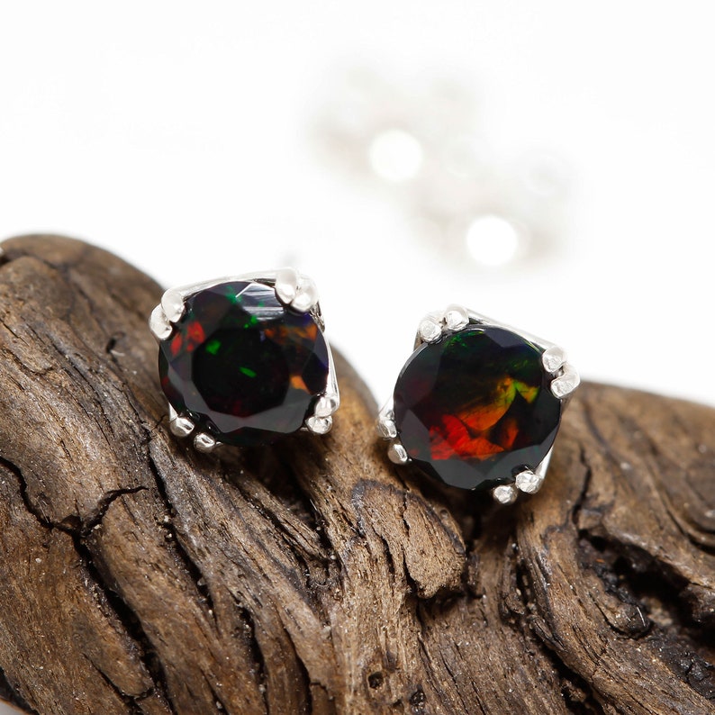 October Birthstone 5mm Ethiopian Opal Studs Natural Black Opal Multi Fire Stud Earrings in Solid 14k Yellow Gold or 925 Sterling Silver