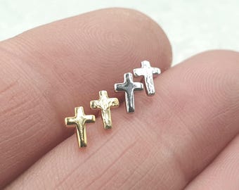 Hammered Sterling Silver Cross Stud Earrings: 925 Silver or Gold Vermeil, Tiny Studs