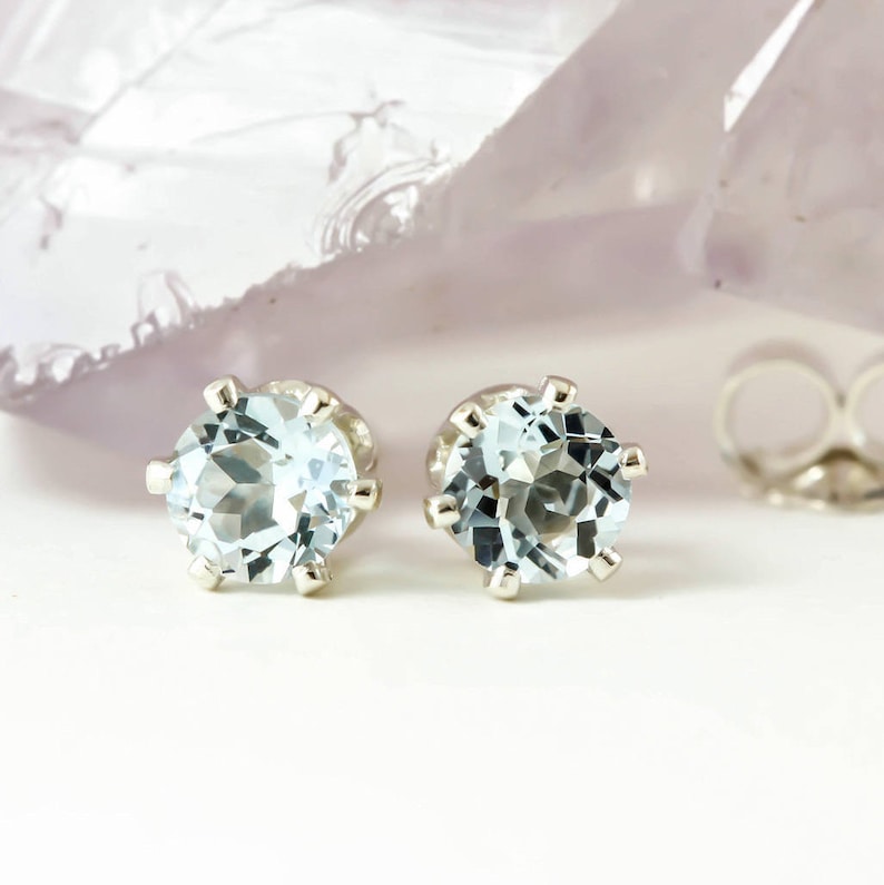 Natural Gemstone earrings March Birthstone Genuine Natural Aquamarine Pair 3mm or 4mm Stud Earrings in 925 Sterling Silver Studs