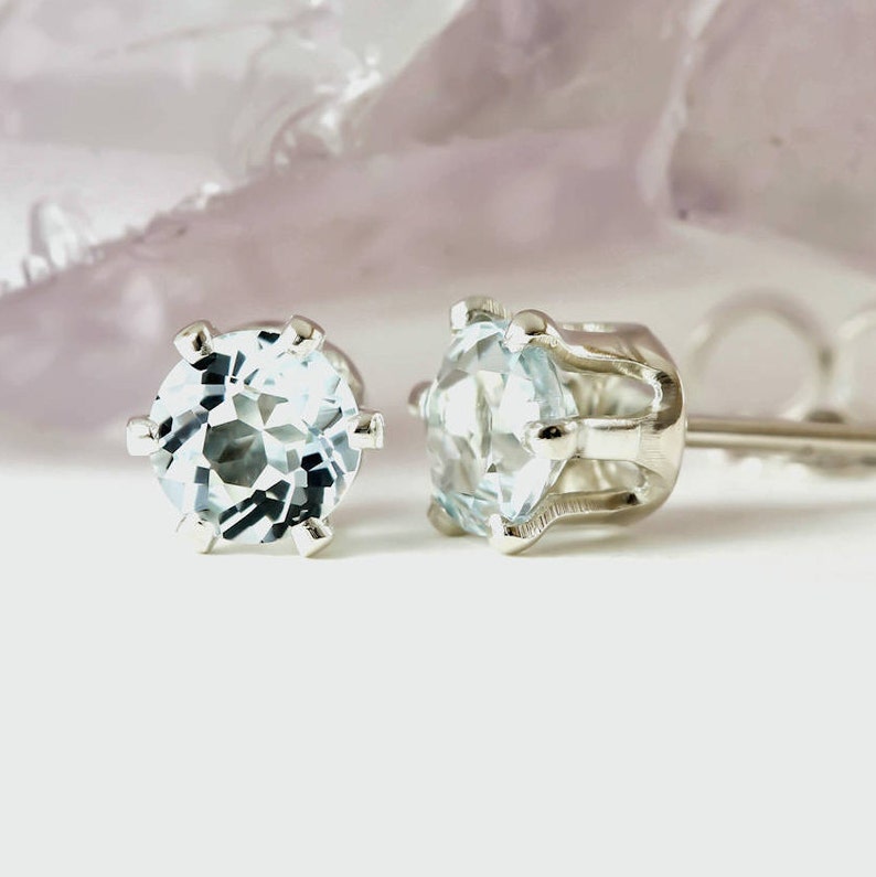 Natural Gemstone earrings March Birthstone Genuine Natural Aquamarine Pair 3mm or 4mm Stud Earrings in 925 Sterling Silver Studs