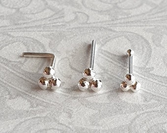 Tiny Trinity Ball 925 Sterling Silver Nose Stud - L Bend or Bone