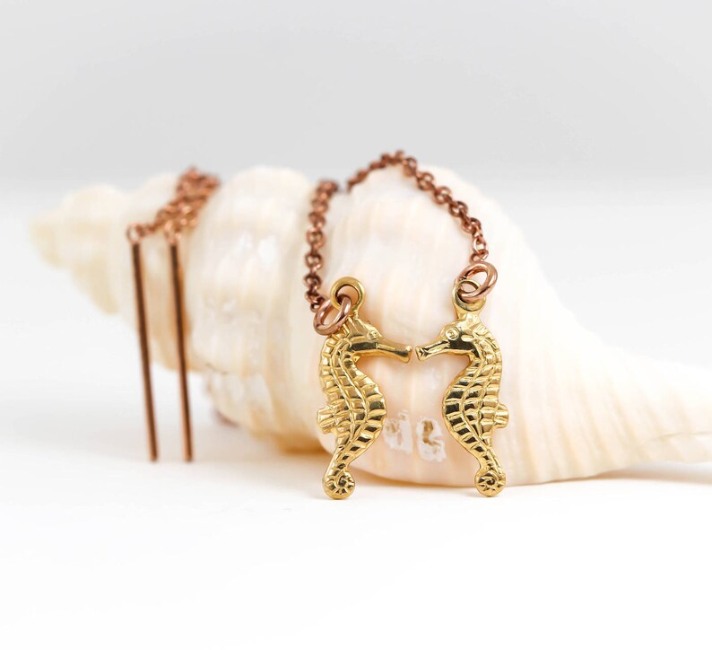 Thread earrings Single or Pair Seahorse Threaders Threader Earrings Chain Earrings 925 Sterling Silver 14k Rose or Yellow Gold Filled