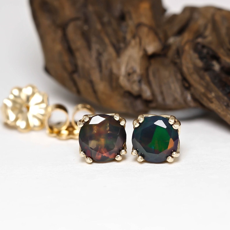 October Birthstone 5mm Ethiopian Opal Studs Natural Black Opal Multi Fire Stud Earrings in Solid 14k Yellow Gold or 925 Sterling Silver
