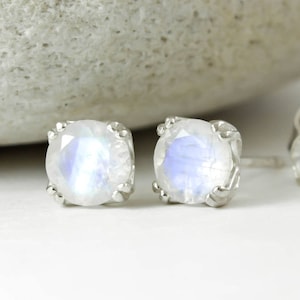 Natural Rainbow Moonstone Stud Earrings Pair 4mm 5mm 6mm Solid 925 Sterling Silver Studs, June Birthstone, Blue Rainbow, Tulip Studs