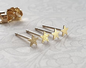 Tiny Gold Star Stud Earrings Pair, Hammered or Smooth Stud Earrings, Minimalist Studs, 14k Gold Filled, Celestial Studs, Tiny Gold studs