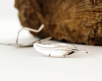 Feather Ear Climbers, Ear Cuff, Oxidised or Polished Silver, Ear Crawler, Solid 925 Sterling Silver, Silver Feather Earrings, Silver Pins