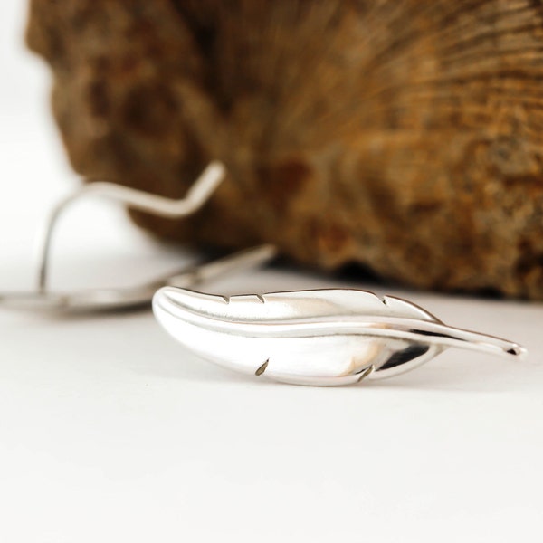 Feather Ear Climbers, Ear Cuff, Oxidised or Polished Silver, Ear Crawler, Solid 925 Sterling Silver, Silver Feather Earrings, Silver Pins