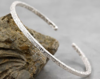 Sterling Silver Stacking Bangle: Leaf Patterned Cuff Bracelet, Polished or Oxidized